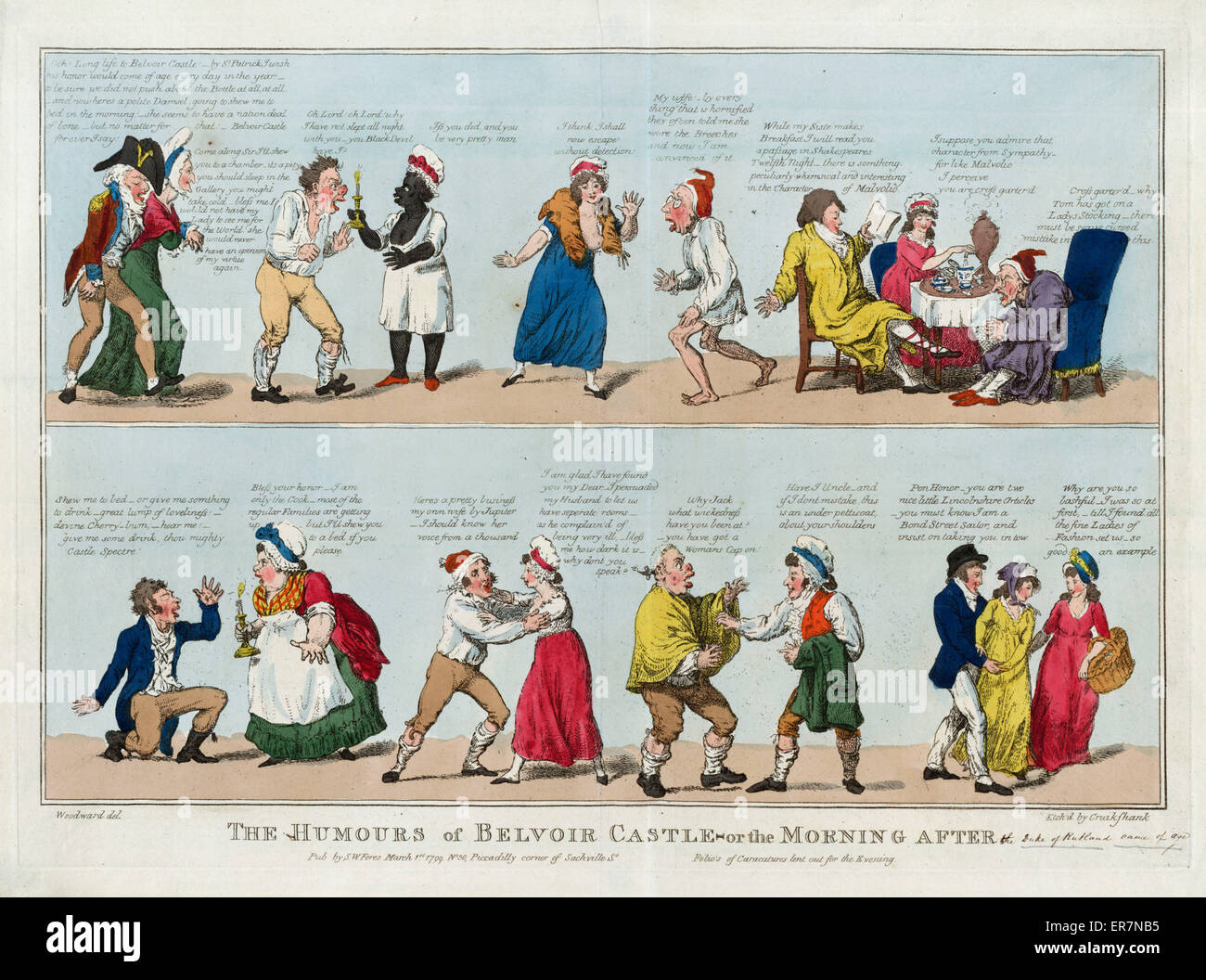 Die Launen des Belvoir Castle oder am Morgen nach. Druck zeigt einer Reihe von Begegnungen, in zwei Platten, zwischen Männern und Frauen entweder ins Bett oder auf die Schrecken des Vorabends geweckt: der erste, ein Alter Mann auf dem Arm einer alten Frau sagt, Och! Lo Stockfoto