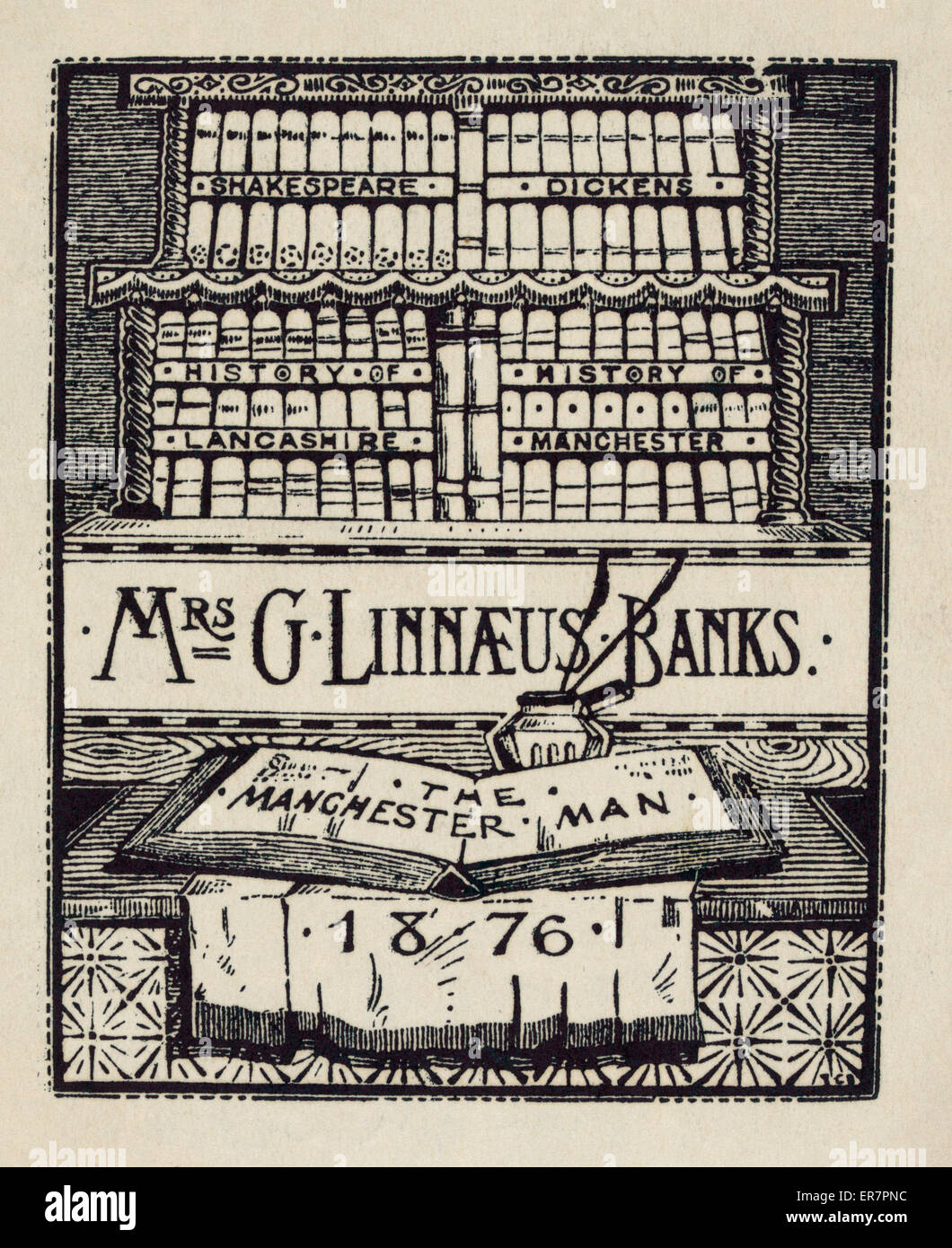 Exlibris des englischen Autor, Frau G. Linnaeus Banken Stockfoto