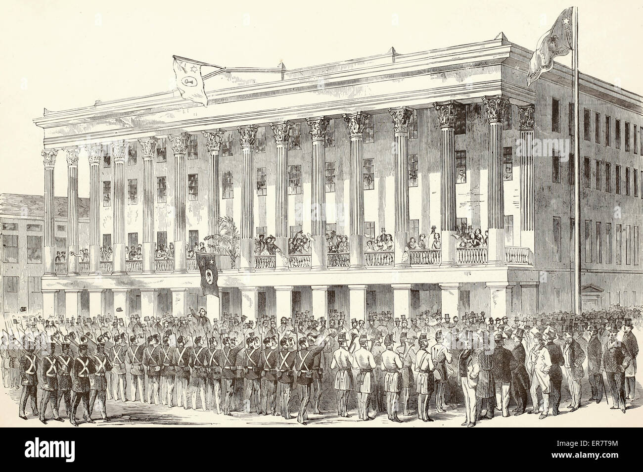 Allgemeine McGowen Adressierung die dreißig fünften Abbeville (SC) Freiwilligen vor dem Charleston Hotel USA Bürgerkrieg, ca. 1861 Stockfoto