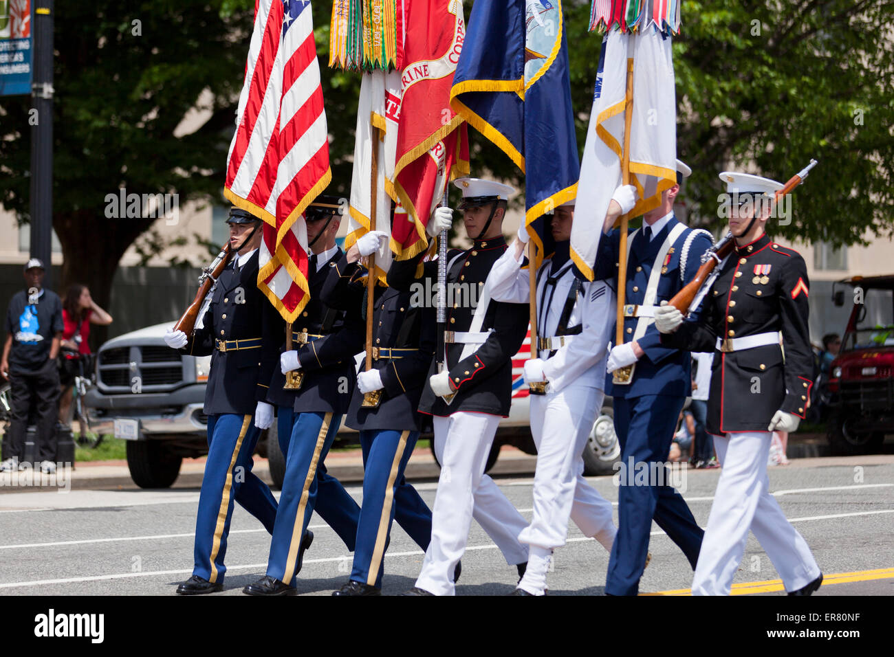 US Joint Service Color Guard in Memorial Day Parade - Washington, DC USA Stockfoto