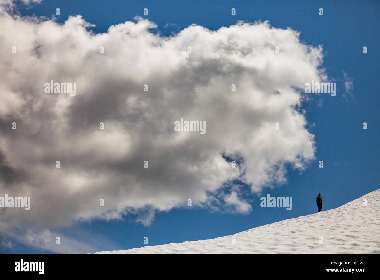 Ein Bergsteiger kreuzt ein Schneefeld unterhalb einer großen Wolke. Stockfoto