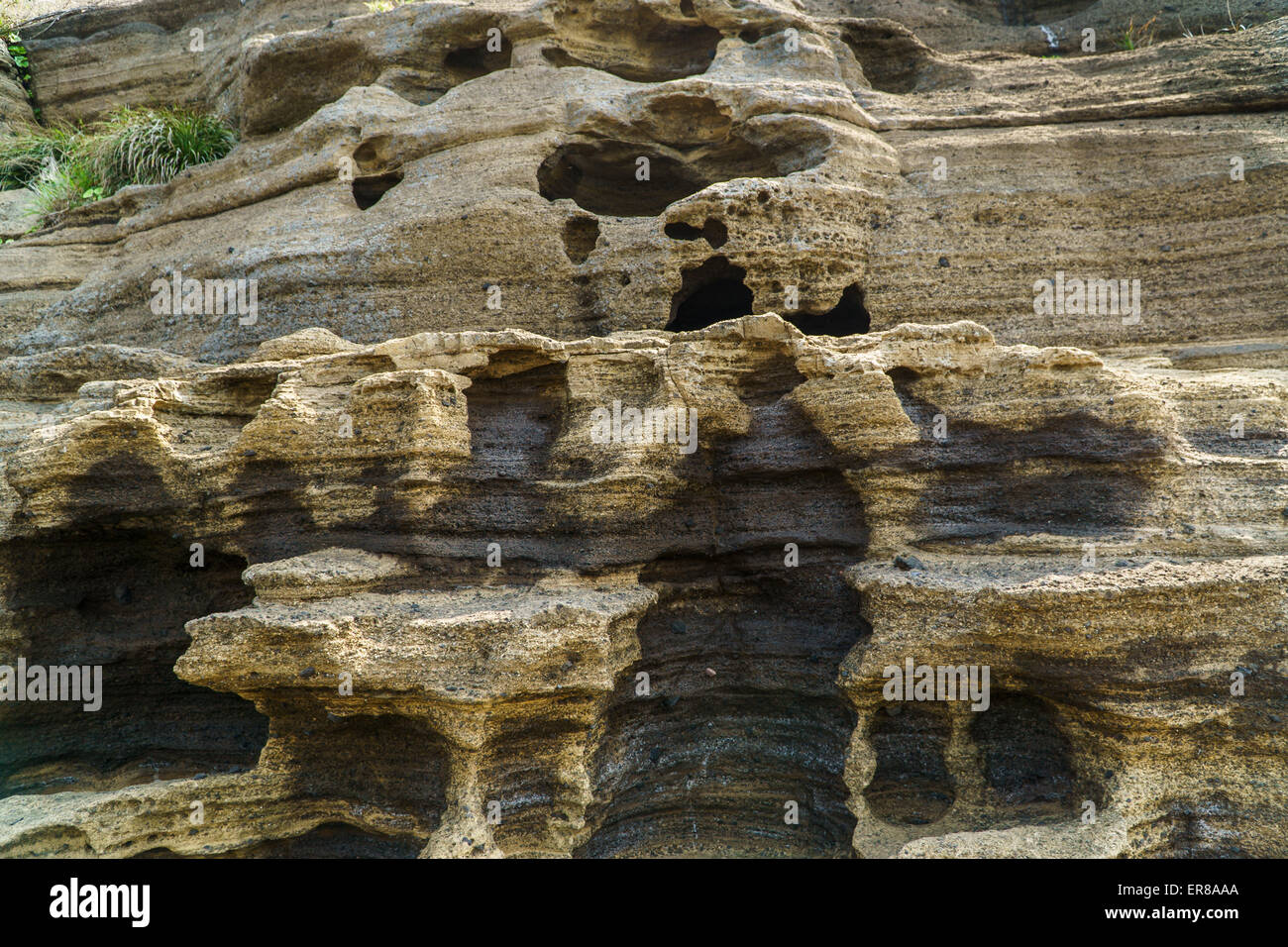 Mehrstöckige geschichteten rau und seltsame Sedimentgesteine im berühmten touristischen Ort Yongmeori Coast(Dragon head coast) in Jeju Island. Stockfoto
