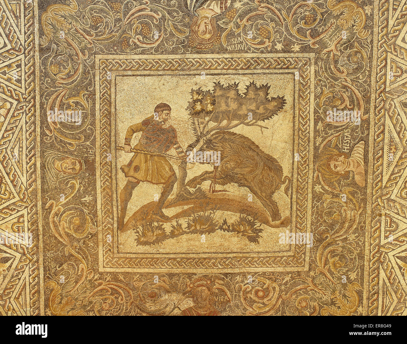 Szene von Wildschweinjagd, Mosaik in Merida, Spanien entdeckt. Roman, 4. Jahrhundert. National Museum of Roman Art. Merida. Spanien. Stockfoto