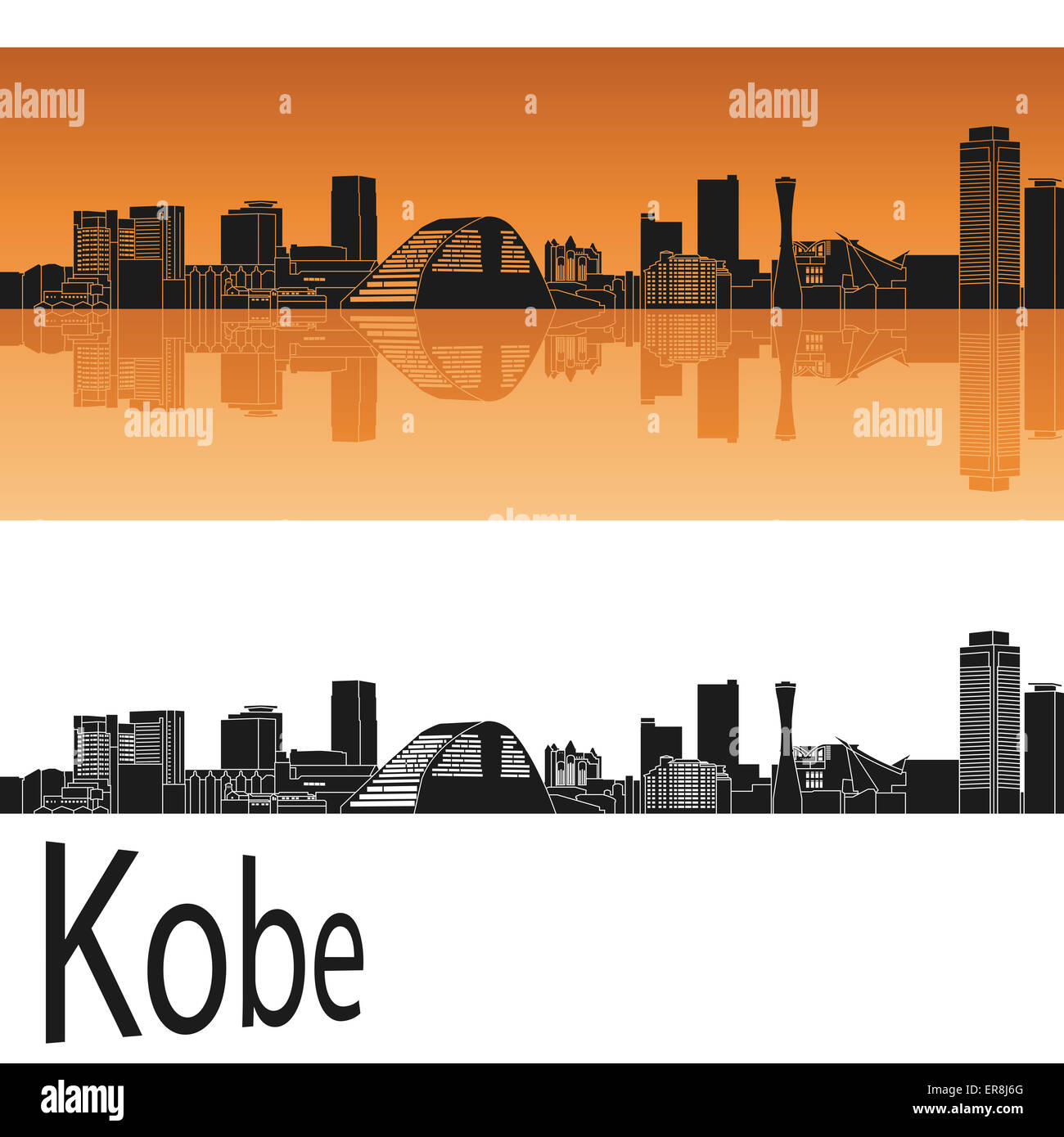 Skyline von Kobe in orangem Hintergrund in bearbeitbare Vektordatei Stockfoto