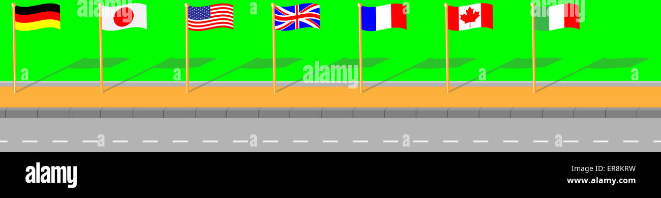 Straße mit Flagge G7 Frankreich Italien Kanada Deutschland japan Usa england Stockfoto