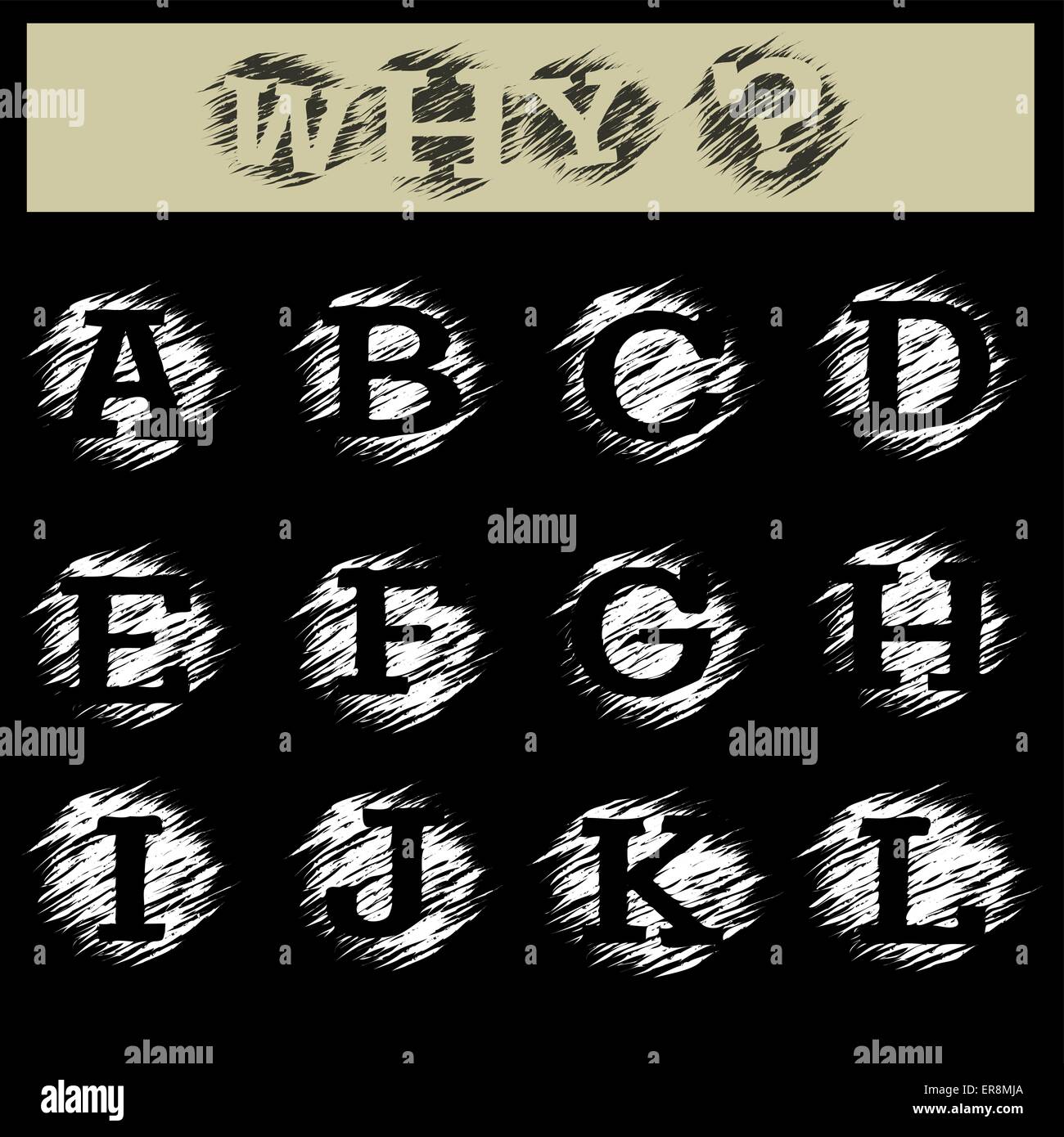 Hand-Draw-Grunge-Alphabet. Großbuchstaben von A bis L. isoliert auf schwarzem Hintergrund. Stock Vektor