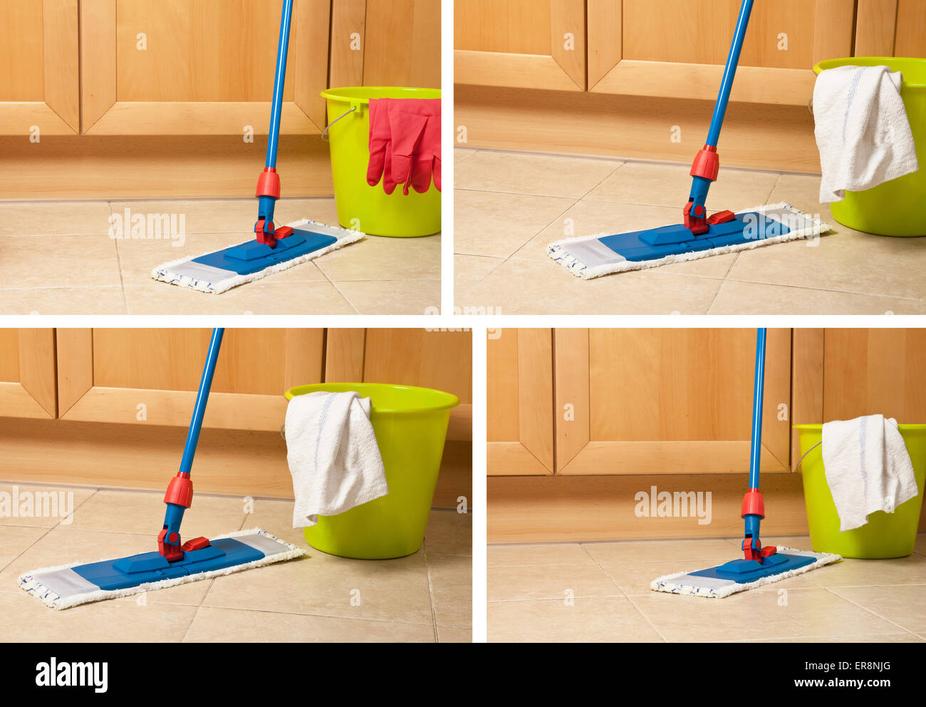 Haus-Elemente für Reinigung, Eimer, Mopp, Handschuhe in der Nähe von Küchenmöbeln im Stock Stockfoto