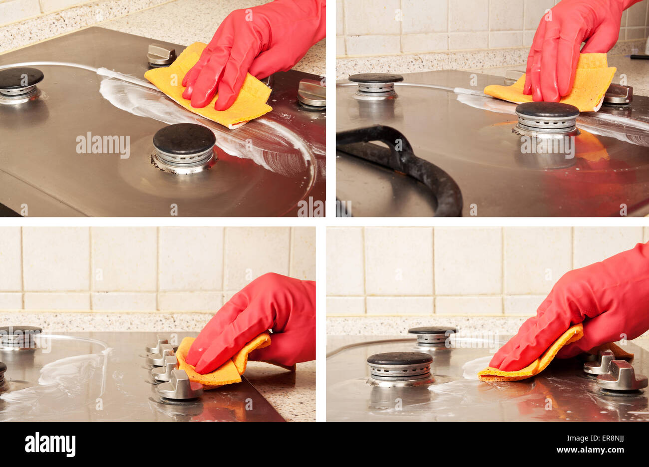 Mann Heand mit roten Handschuh Reinigung schmutziger Gasherd Stockfoto