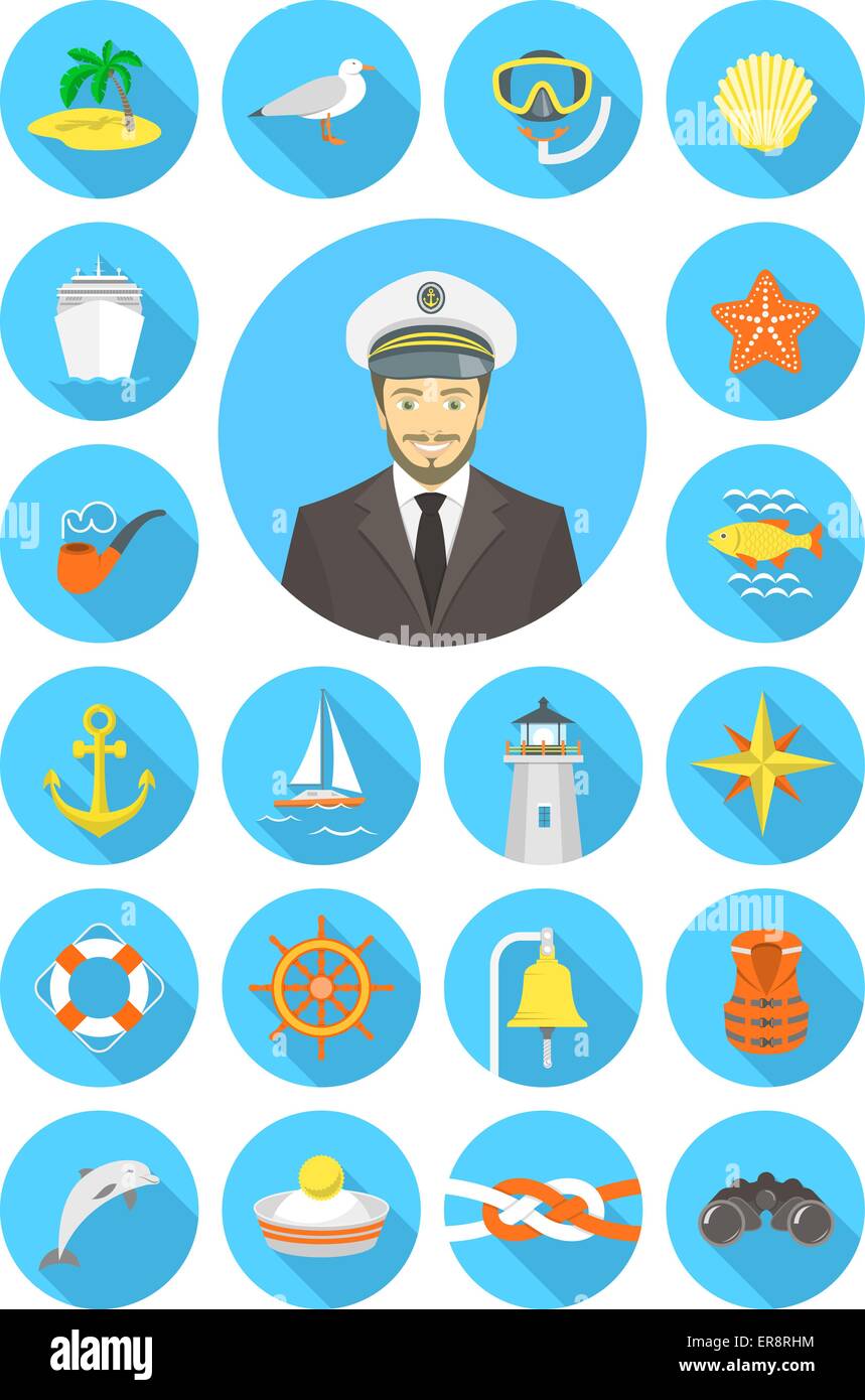 Flache nautische Symbole set mit jungen attraktiven Kapitän Stock Vektor
