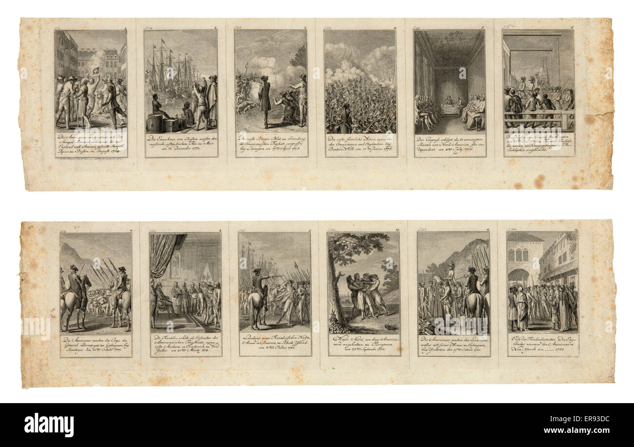 Szenen von Ereignisse und Kämpfe bis zur und während der amerikanischen Revolution, 1775-1783, 12 Abbildungen dargestellt. Datum, 1784. Stockfoto