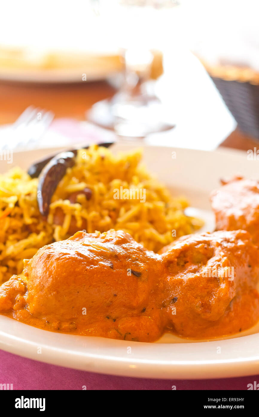 Vegetarische Malai Kofta-Kugeln in Soße Sauce mit Tamarinde Basmati-Reis Stockfoto