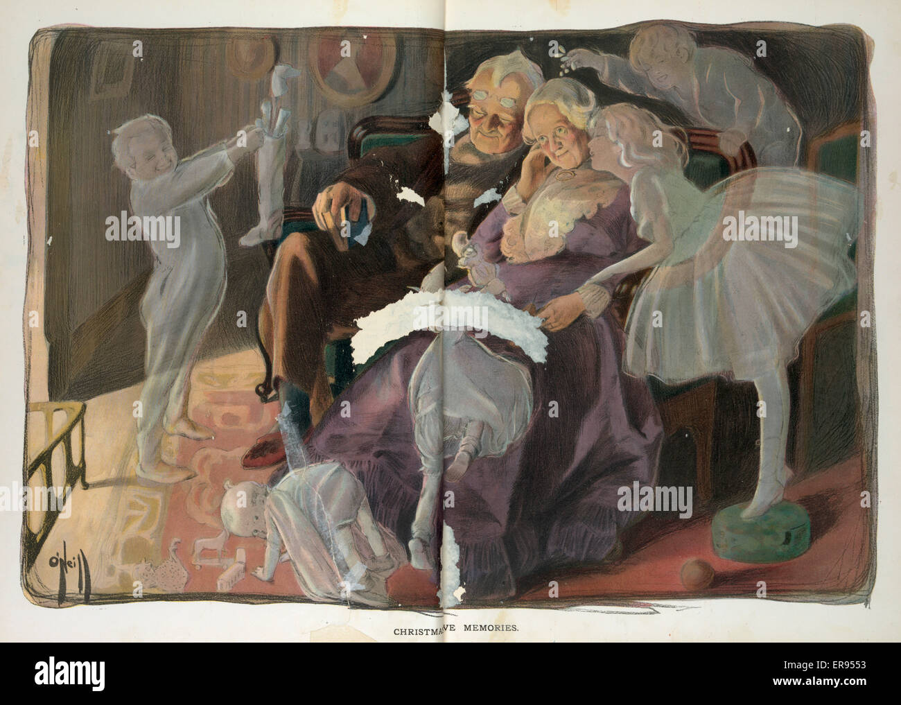 Heiligabend-Erinnerungen. Abbildung zeigt ein älteres Ehepaar, die Erinnerung an Heiligabend mit ihren Kindern oder als Kinder. Datum 1902 3 Dezember. Stockfoto