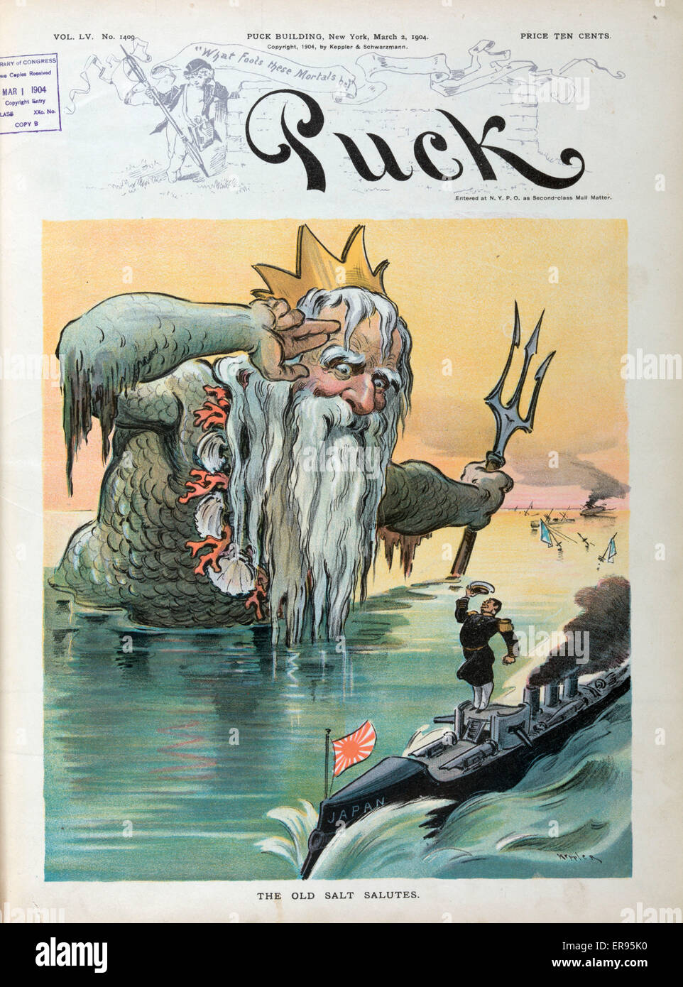 Die alte Salz begrüßt. Abbildung zeigt Neptun, der römische Gott des Meeres, salutieren, einen japanischen Admiral auf einem Kanonenboot im Hintergrund befinden sich die Ruinen der russischen Flotte. Datum, 2. März 1904. Stockfoto
