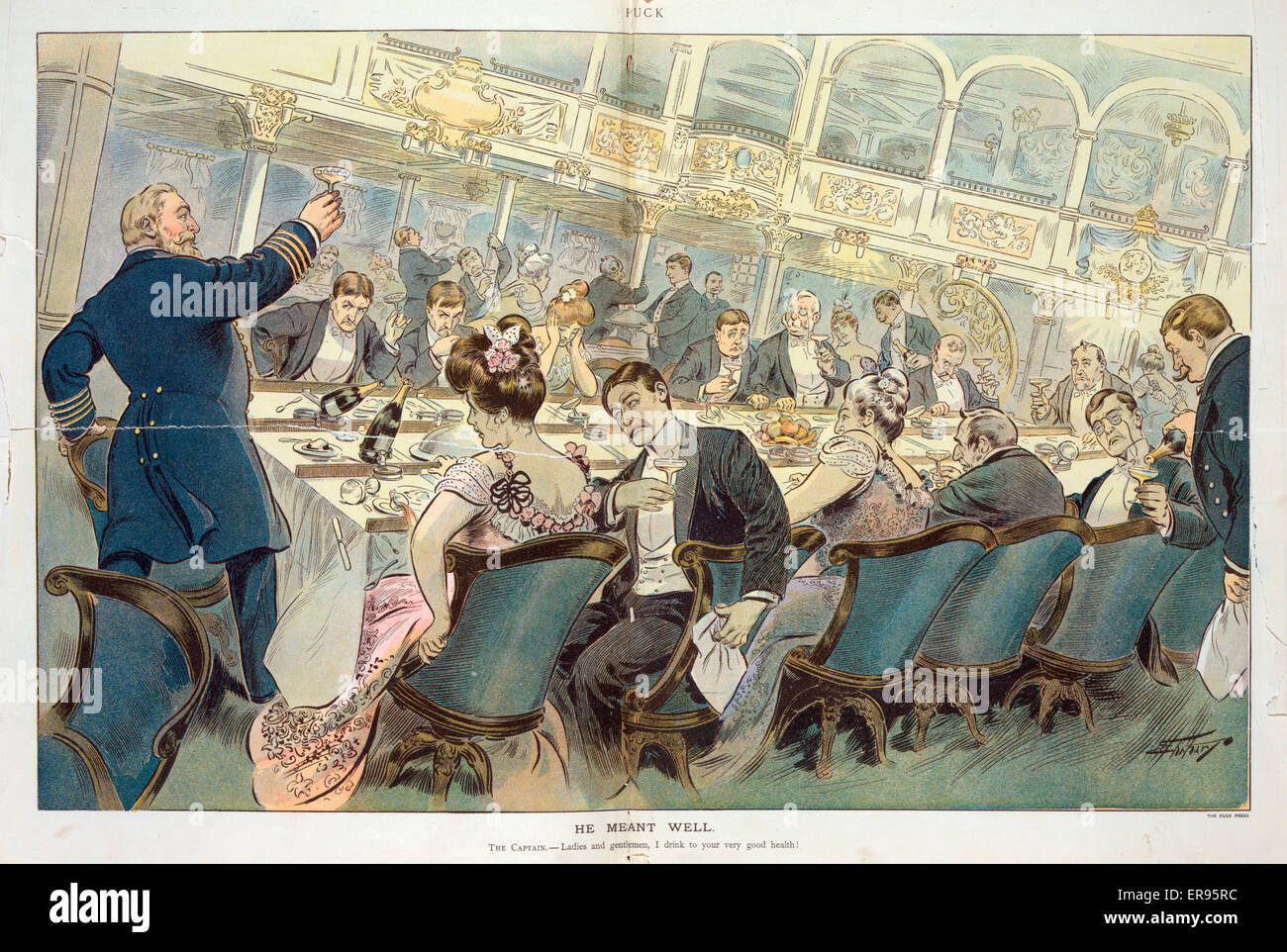 Er meinte es gut. Abbildung zeigt den Kapitän von einem Ozeandampfer bietet einen Toast auf seine Passagiere sitzen rund um einen großen Esstisch auf einem Schiff, das ein bisschen Schaukeln ist zu viel für die meisten Passagiere. Datum 1904 11 Mai. Stockfoto