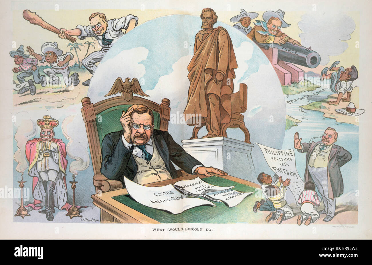 Was würde Lincoln tun?. Abbildung zeigt Präsident Theodore Roosevelt sitzen an einem Schreibtisch grübeln die philippinische und zentralamerikanischen Fragen, Papiere auf seinem Schreibtisch stand: Philippinische Politik, Panamakanal-Vertrag und Beherrschung der Hemisphäre. Er stellt sich ein Stockfoto