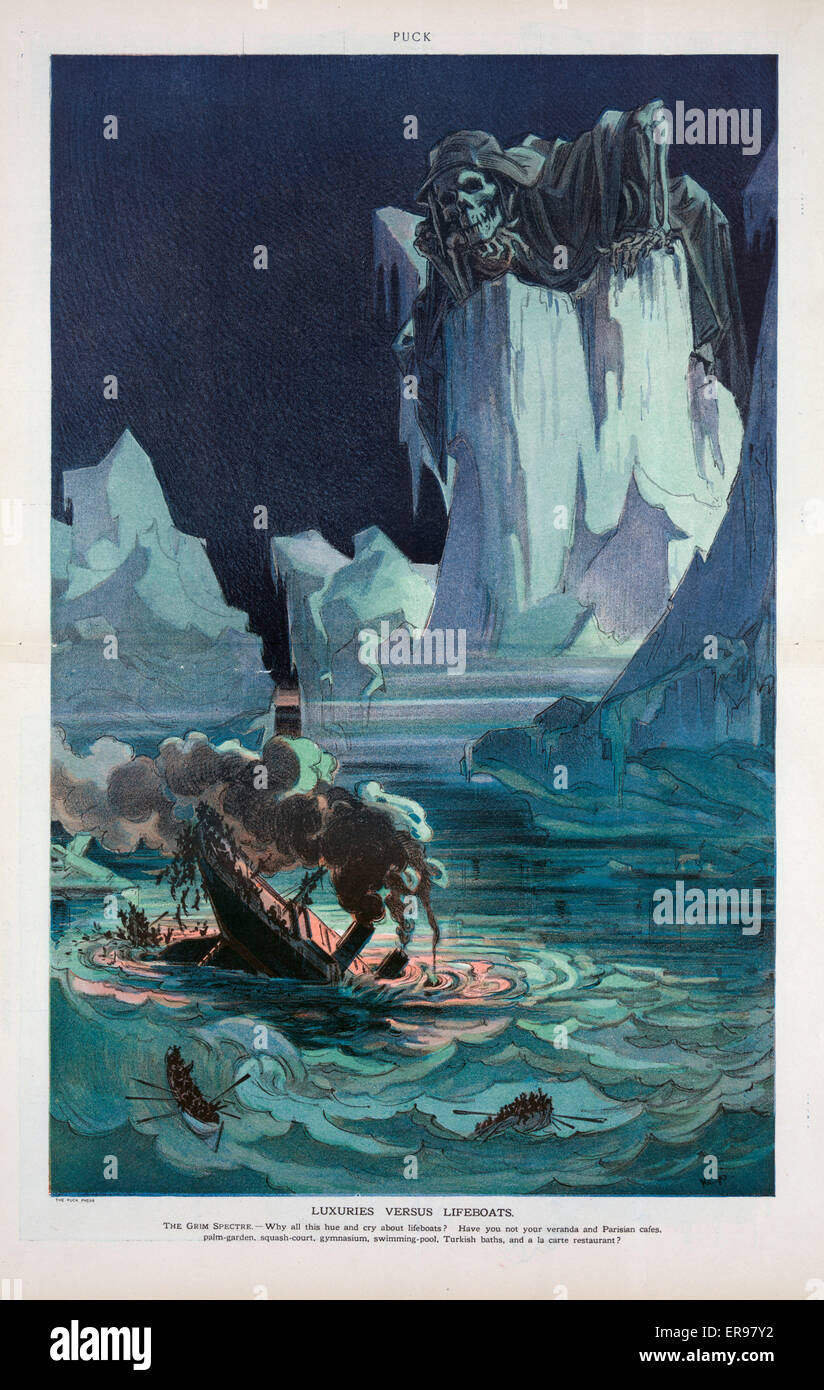 Luxus im Vergleich zu Rettungsboote. Abbildung zeigt ein Ozeanriese inmitten von Eisbergen mit viele Passagiere springen ins Meer aus Mangel an genügend Rettungsboote, als wenige Rettungsboote geladen mit Passagiere des Schiffes deutlich sinken. 1912 8 Mai bis heute. Stockfoto