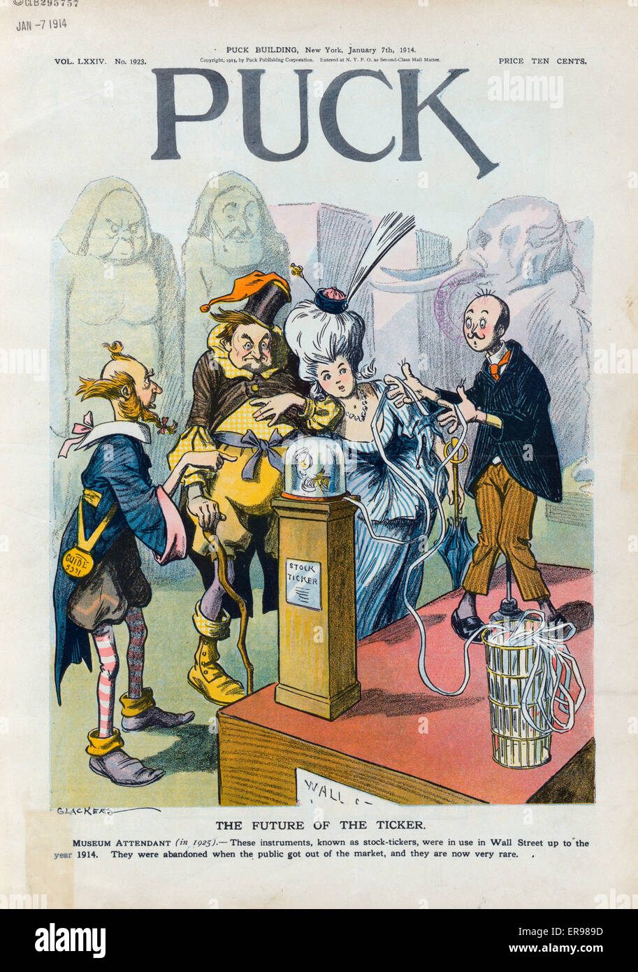 Die Zukunft des Tickers. Abbildung zeigt ein haarsträubend gekleidet Reiseleiter in einem Museum eine Ausstellung zeigt einen Ticker Bandmaschine, eine gleichermaßen haarsträubend gekleidete paar tourt das Museum zu erklären. Datum 1914 Januar 7. Stockfoto