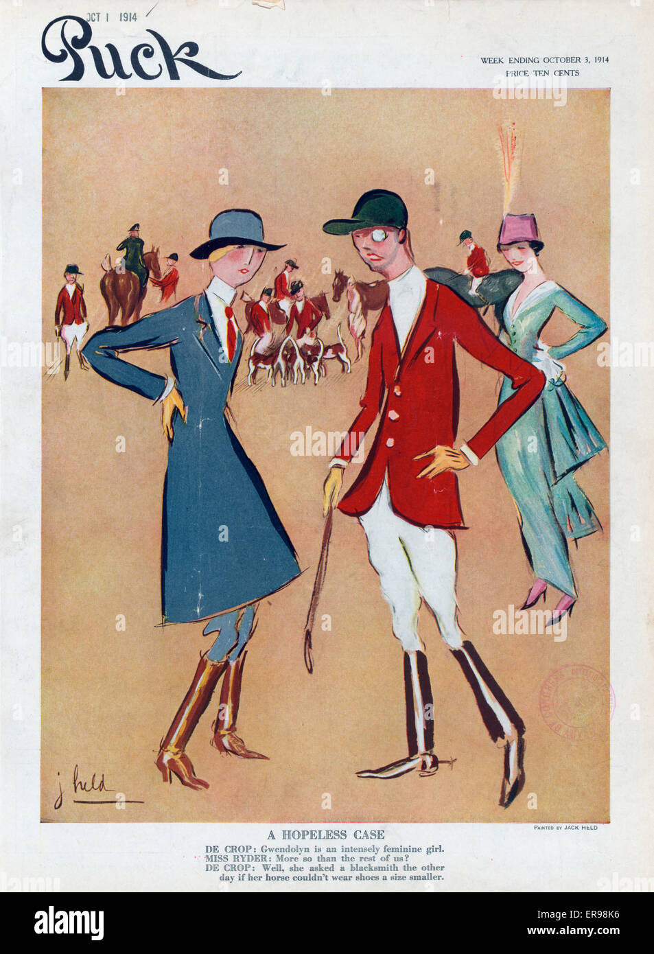 Ein hoffnungsloser Fall. Abbildung zeigt zwei Frauen gekleidet zum Reiten und Fuchs Jagd Klatsch über eine andere Frau Weiblichkeit. Datum 1914 3.Oktober. Stockfoto