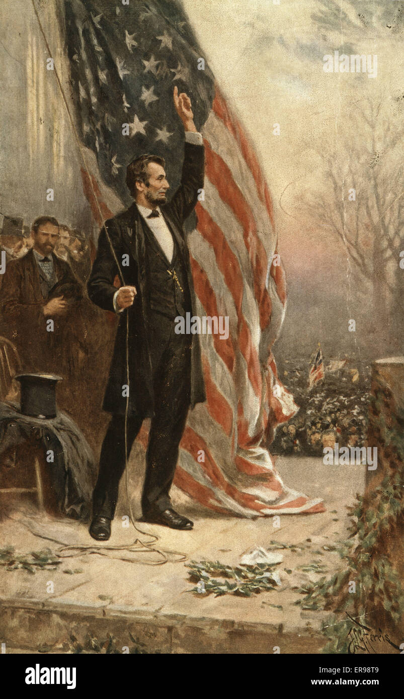Abraham Lincoln 1861, stehend, in voller Länge, nach rechts, halten Seil der flag(?), Arm haltend. Datum c1908. Stockfoto