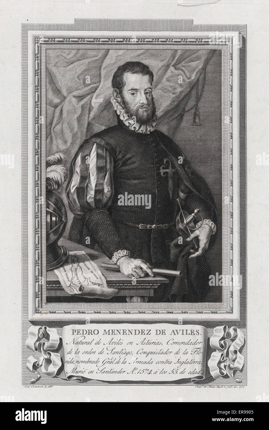 Pedro Menendez de Aviles. Brustbild, stehend, direkt gegenüber. Datum 1791. Stockfoto
