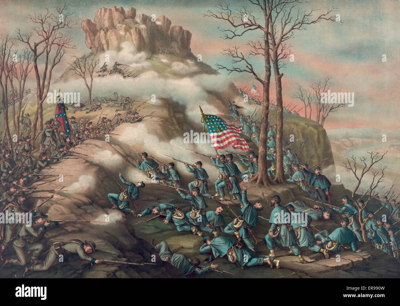 Schlacht von Lookout Mountain, Chattanooga Kampagne des amerikanischen Bürgerkrieges. 4' &amp; 14' Korps, Armee von Cumberland &amp; Gearys Division O. 12' Corps, 11' &amp; 15' Corps A.O.T. Tenn engagiert. 24. November 1863 Stockfoto