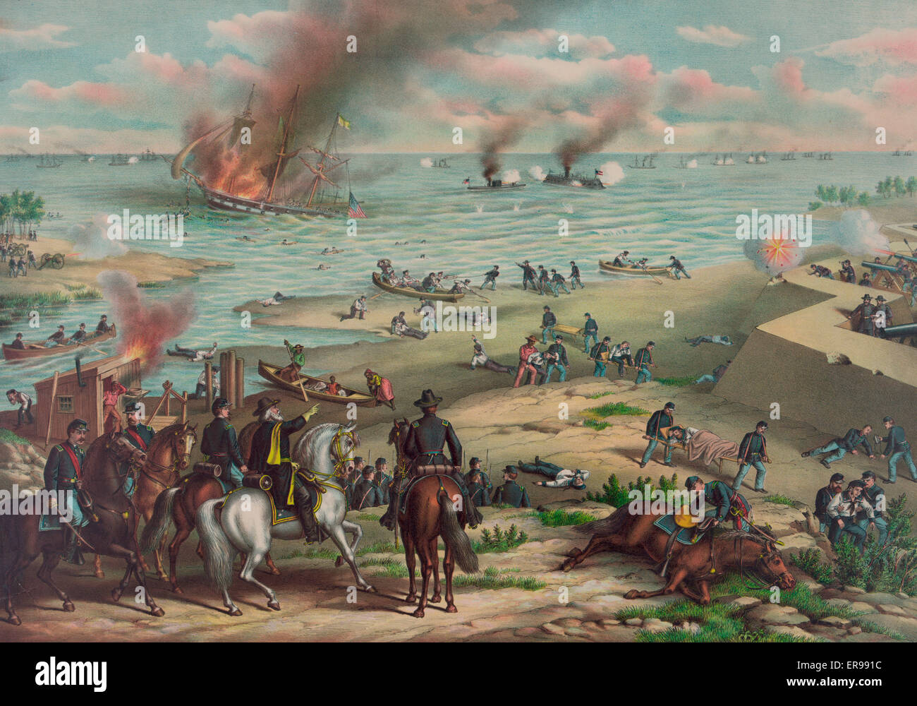 Schlacht zwischen dem Monitor und Merrimac, Amerikanischer Bürgerkrieg, 9. März 1862 in Hampton Roads, in der Nähe von Norfolk, Virginia. Kampfszene zwischen den Panzerschiffen Monitor und Merrimac direkt vor der Küste, zeigt auch eine Union Schiff und setzen Boote zu retten Stockfoto