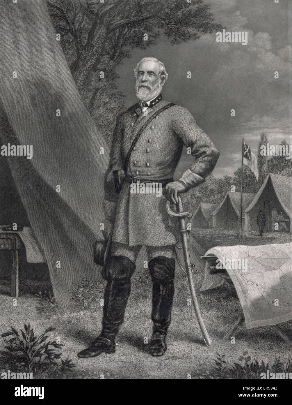 General Robert E. Lee, Porträt, stehen im Lager, nach links, in Uniform. Stockfoto