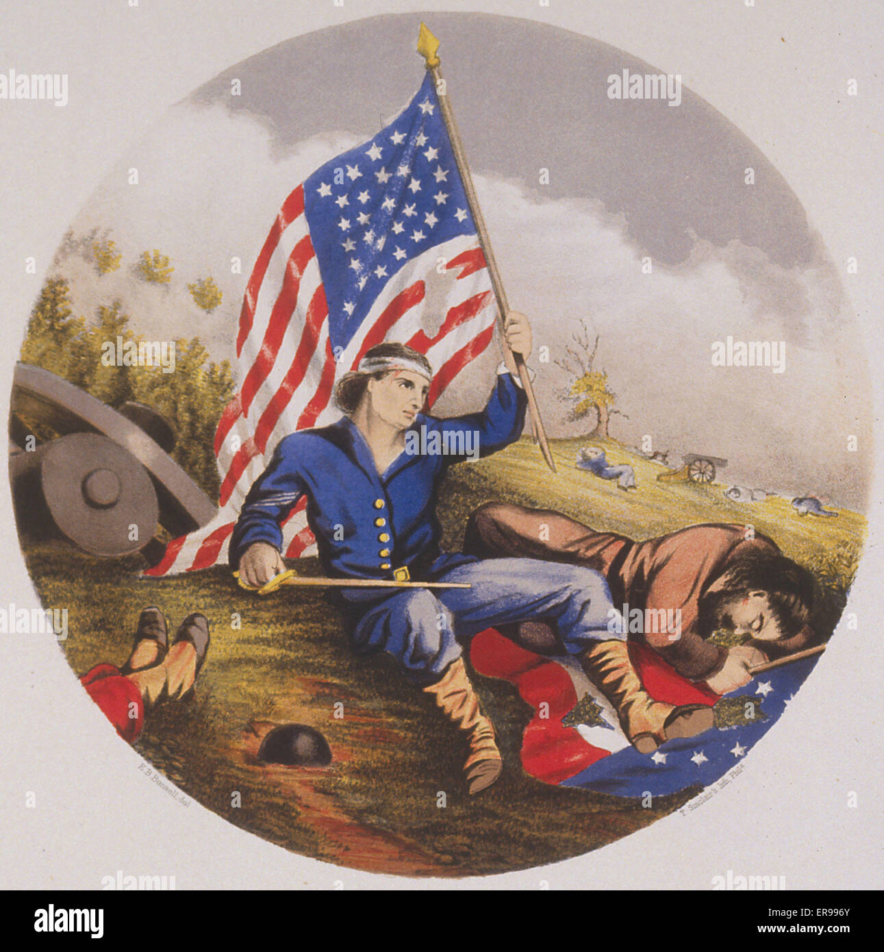 Der Standardträger aus dem Amerikanischen Bürgerkrieg schwenkt die Flagge Stockfoto