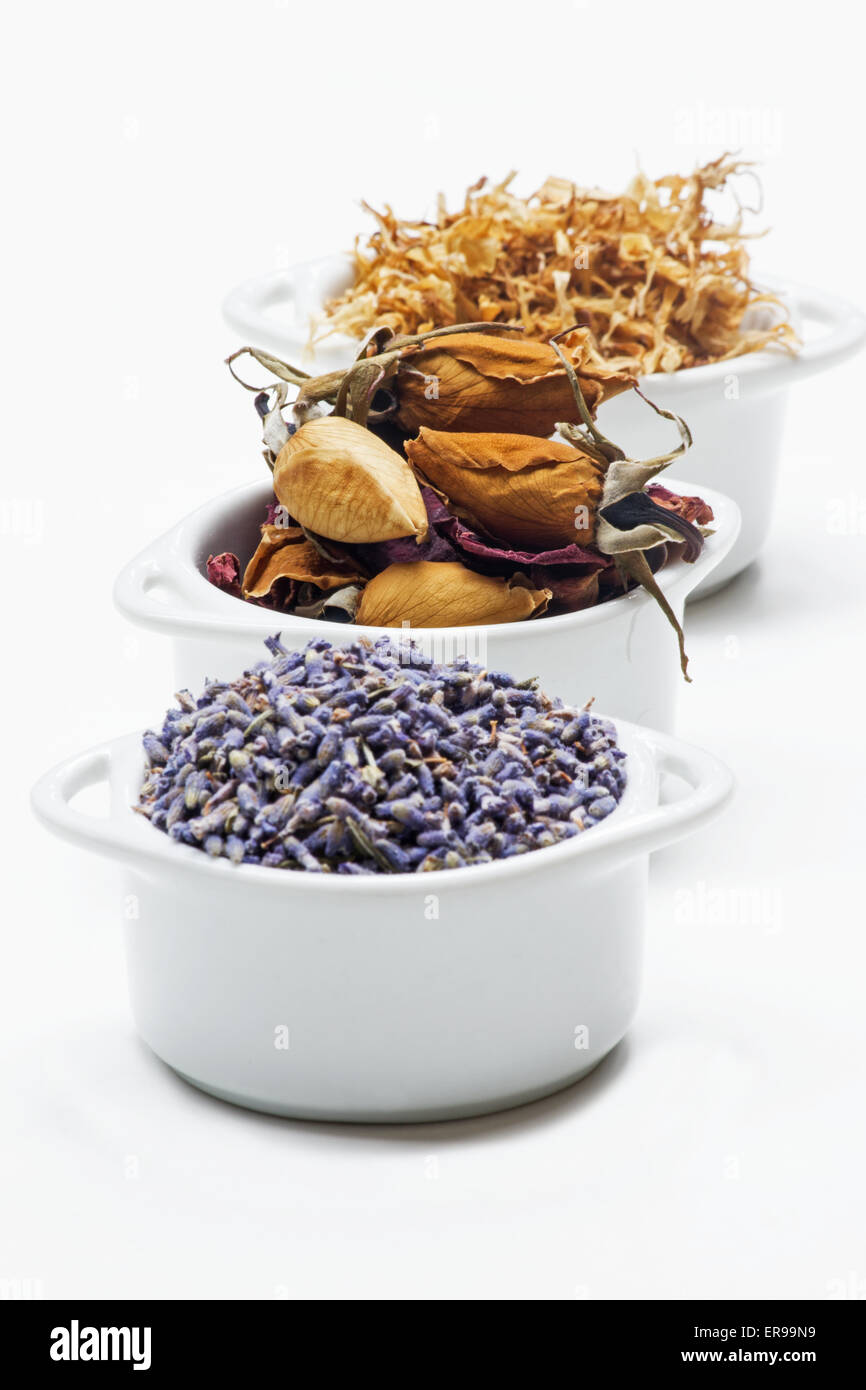 Getrockneten Lavendel, Rosenknospen und Calendula auf weißem Hintergrund Stockfoto
