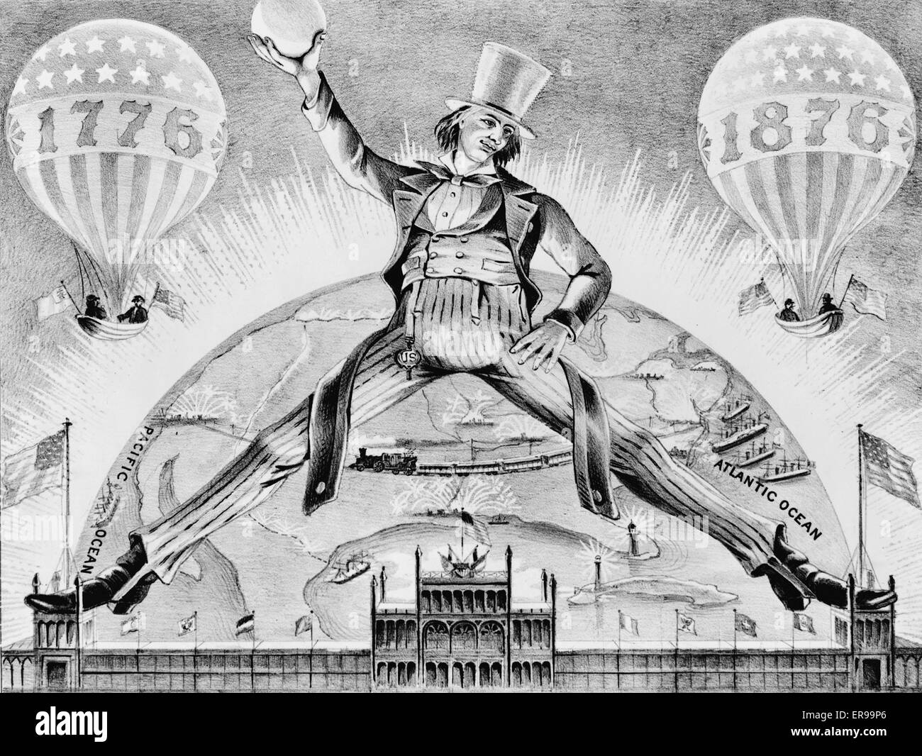 Die Schrittweite des Jahrhundert. Eine Karikatur feiert den hundertsten Jahrestag der Vereinigten Staaten. Die Figur des Bruder Jonathan, ein Vorläufer des Onkel Sam, überspannt die Türme des Hauptgebäudes an der Weltausstellung in Philadelphia 1876. Zwischen seinen Füßen den Norden bin Stockfoto