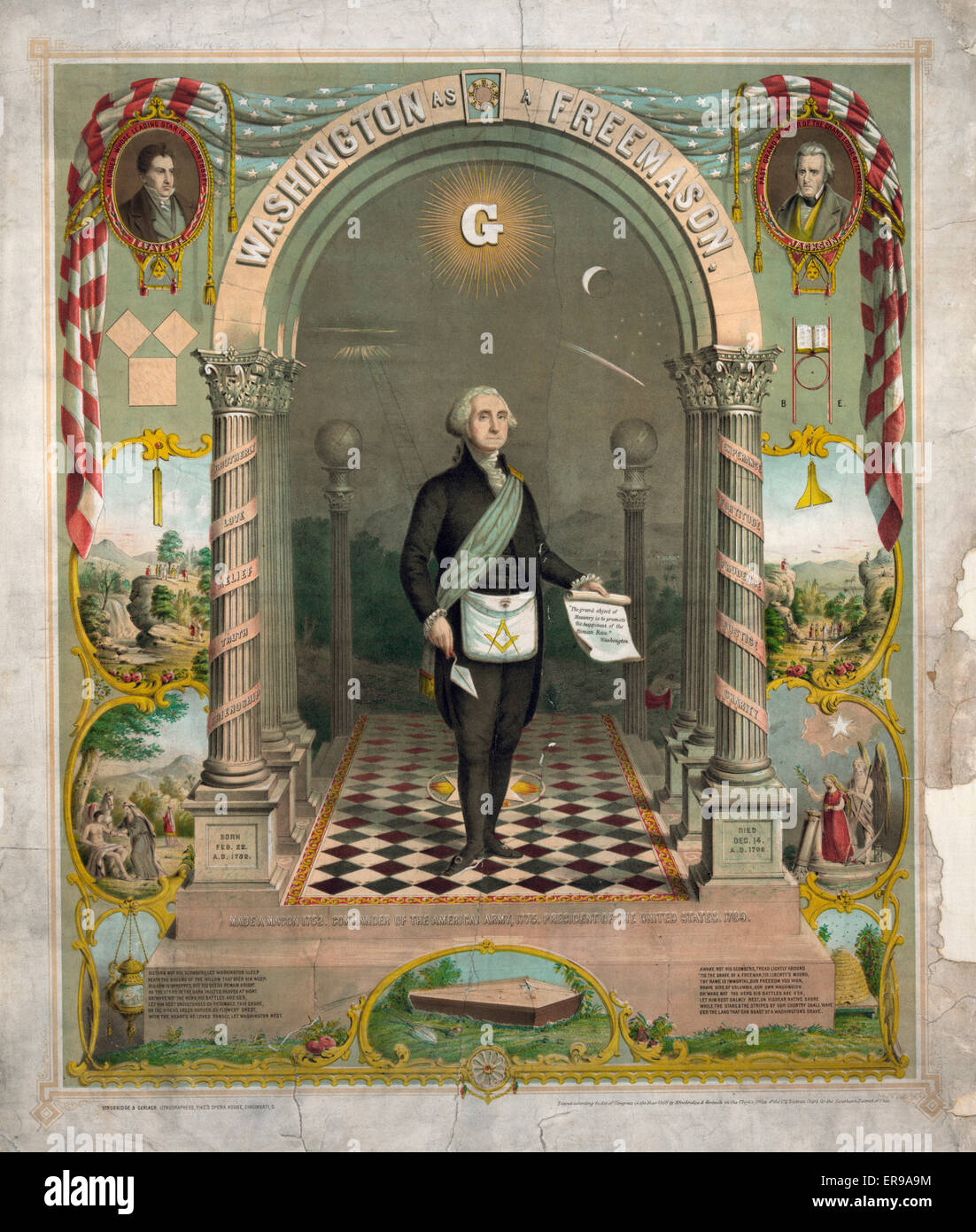 George Washington als Freimaurer, Porträt, stehend, in der freimaurerischen Kleidung hält Schriftrolle und Kelle; auch Kopf und Schulter Portraits von Lafayette und Andrew Jackson und biblische Szenen. Stockfoto
