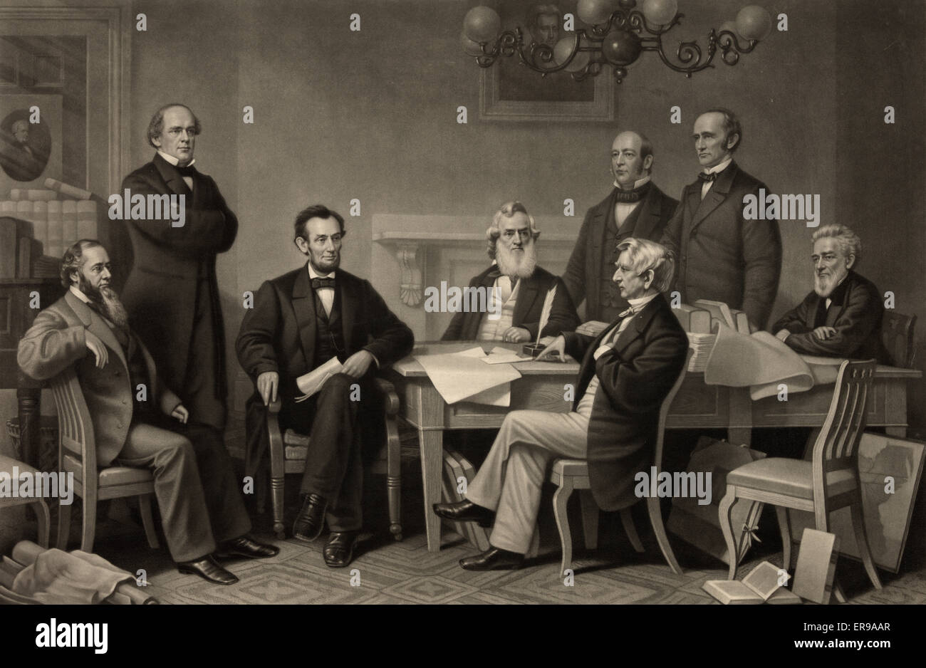 Die erste Lesung des die Emanzipations-Proklamation vor dem Schrank. Druck zeigt Abraham Lincoln, setzte neben Tisch, mit Mitgliedern seines Kabinetts, 22. Juli 1862. 22. Juli 1862 Stockfoto