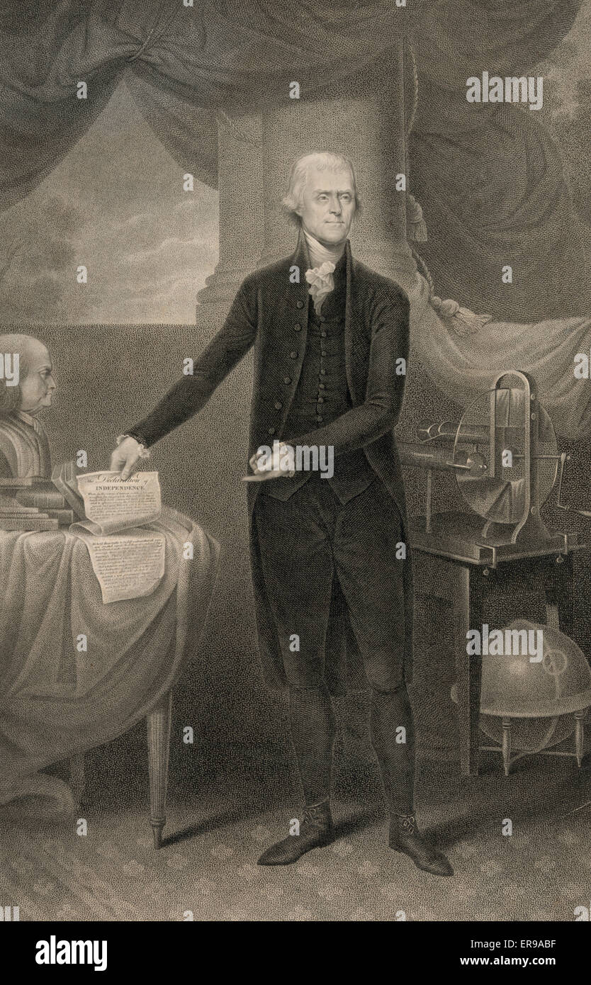 Thomas Jefferson, Präsident der Vereinigten Staaten. Thomas Jefferson, Porträt, stehend neben Tisch, leicht nach rechts vor, halten die Declaration of Independence und darauf. c. 1801 Stockfoto
