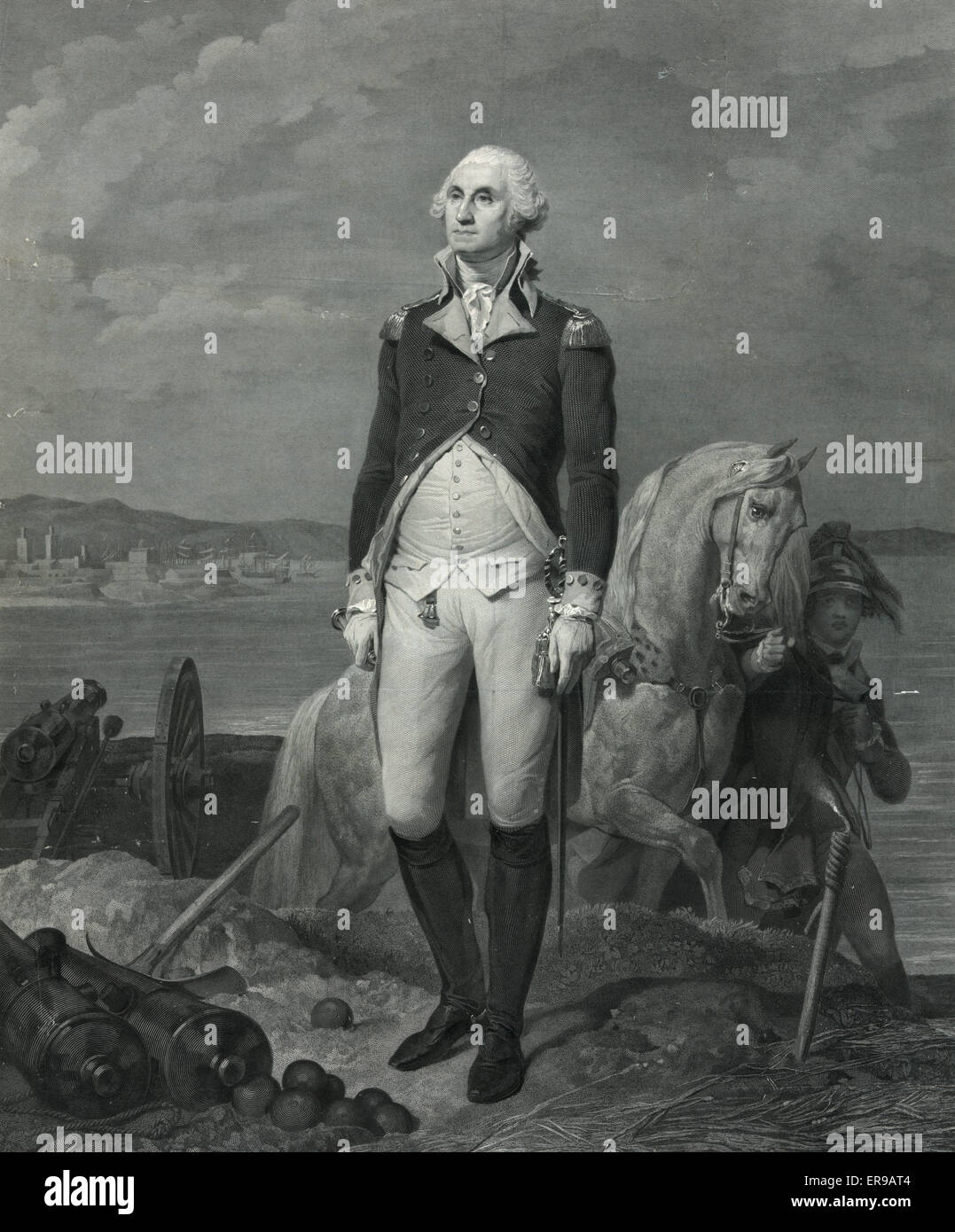 Washington. George Washington, Porträt, stehend auf Bunker, tragen Militäruniform, Aide mit Pferd im in der Nähe von Hintergrund, Blick auf Hafen entfernt. Stockfoto