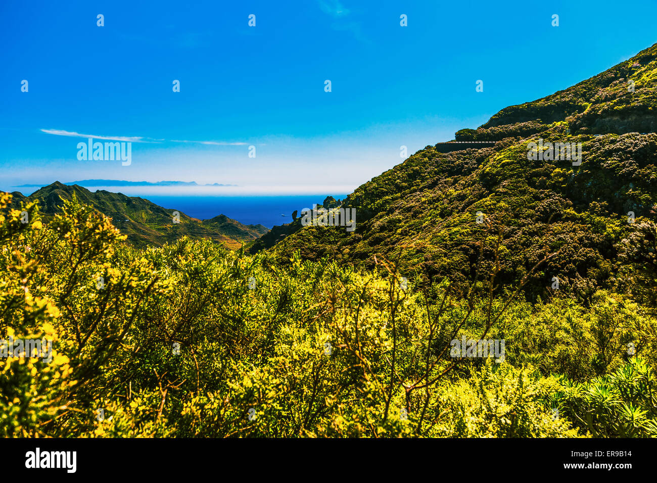 Grüne Berge oder Rock und blauer Himmel mit Skyline und Ozean Landschaft in Teneriffa-Kanarische Inseln, Spanien Stockfoto