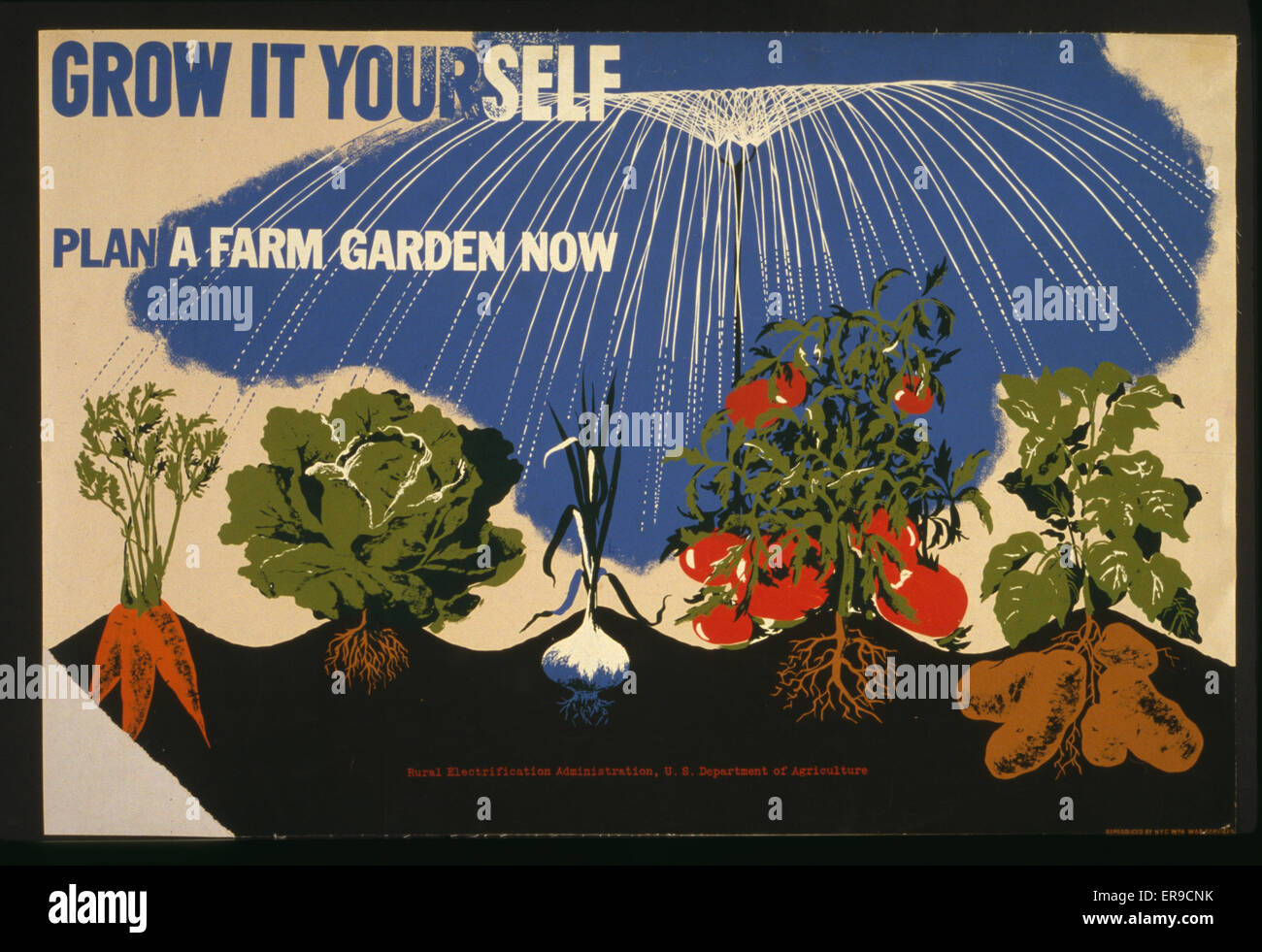 Wachsen Sie es selbst Plan ein Bauerngarten nun. Plakat für das US Department of Agriculture Sieg Gärten zu fördern, zeigen, Karotten, Kopfsalat, Mais, Tomaten und Kartoffeln wachsen. Datum zwischen 1941 und 1943. Stockfoto