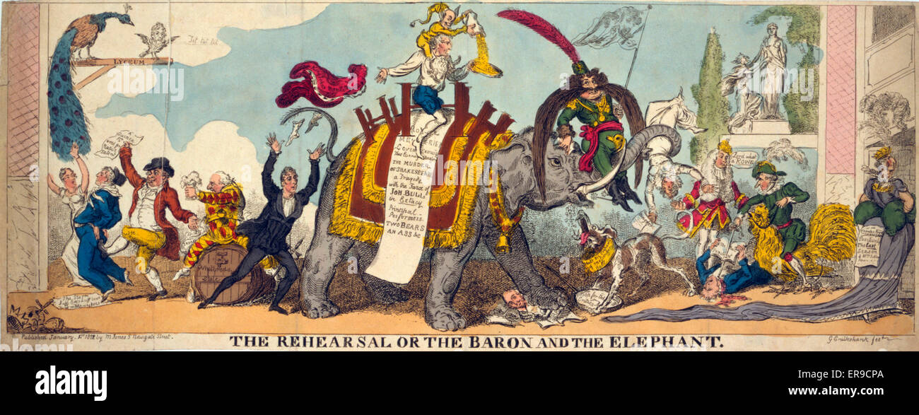 Der Probe oder der Baron und der Elefant. Eine Satire auf den Covent Garden Pantomime von 1812-13, der durch die Leistung eines Elefanten für Furore. Der Elefant zerquetscht unter einem Vordergrund-Fuß eine Büste von Shakespeare und eine Reihe von offenen Büchern. Baron-Ger Stockfoto