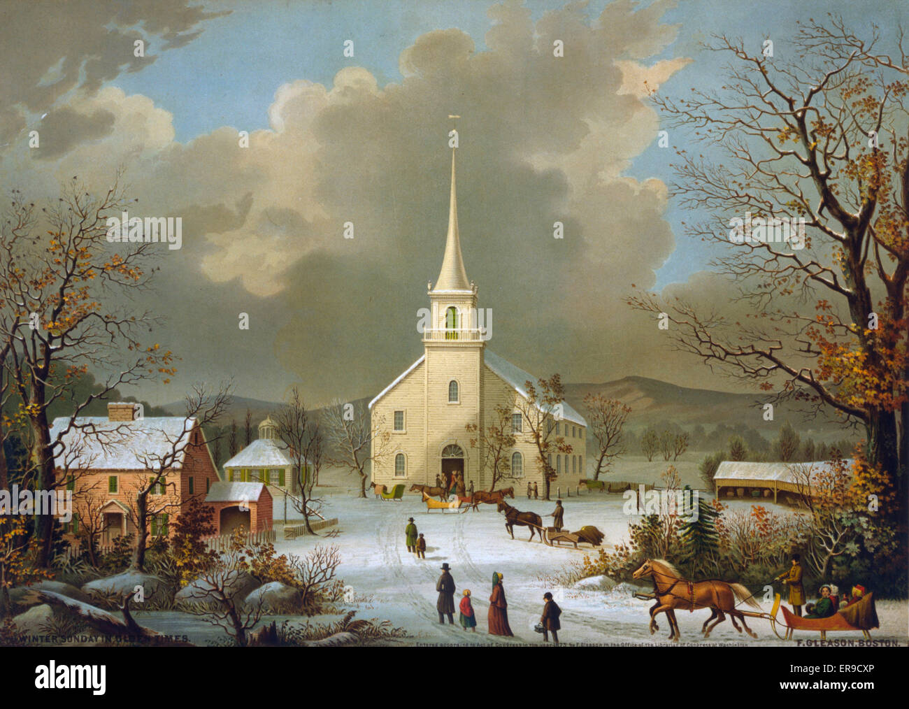 Winter Sonntag in alten Zeiten. Pferdeschlitten vor Kirche. Datum c1875. Stockfoto