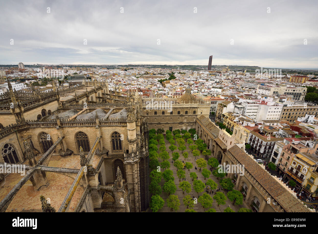 Blick auf Sevilla Stadt westlich von Giralda Turm Saint Mary siehe Dach der Kathedrale und Orangenbaum-Innenhof Andalusien Spanien Stockfoto