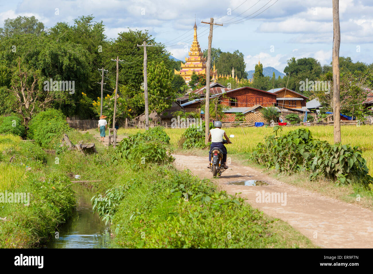 Ein Weg zwischen Feldern führt an den Rand der Stadt Hsipaw in Burma,(Myanmar). Stockfoto