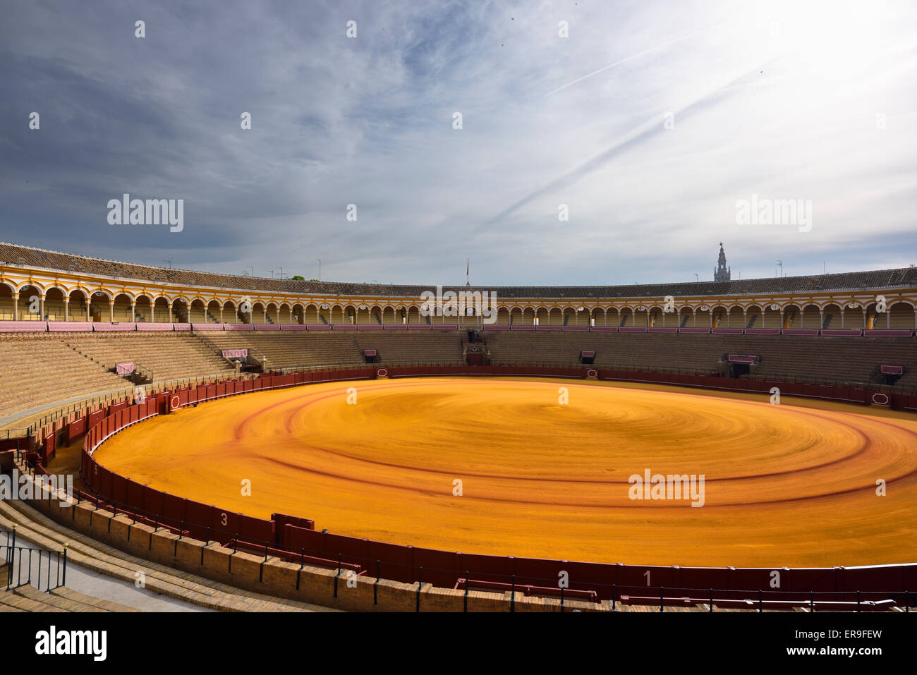 Golden präparierten Sand und leer steht bei den ovalen Sevilla Stierkampf ring mit Giralda Turm Stockfoto