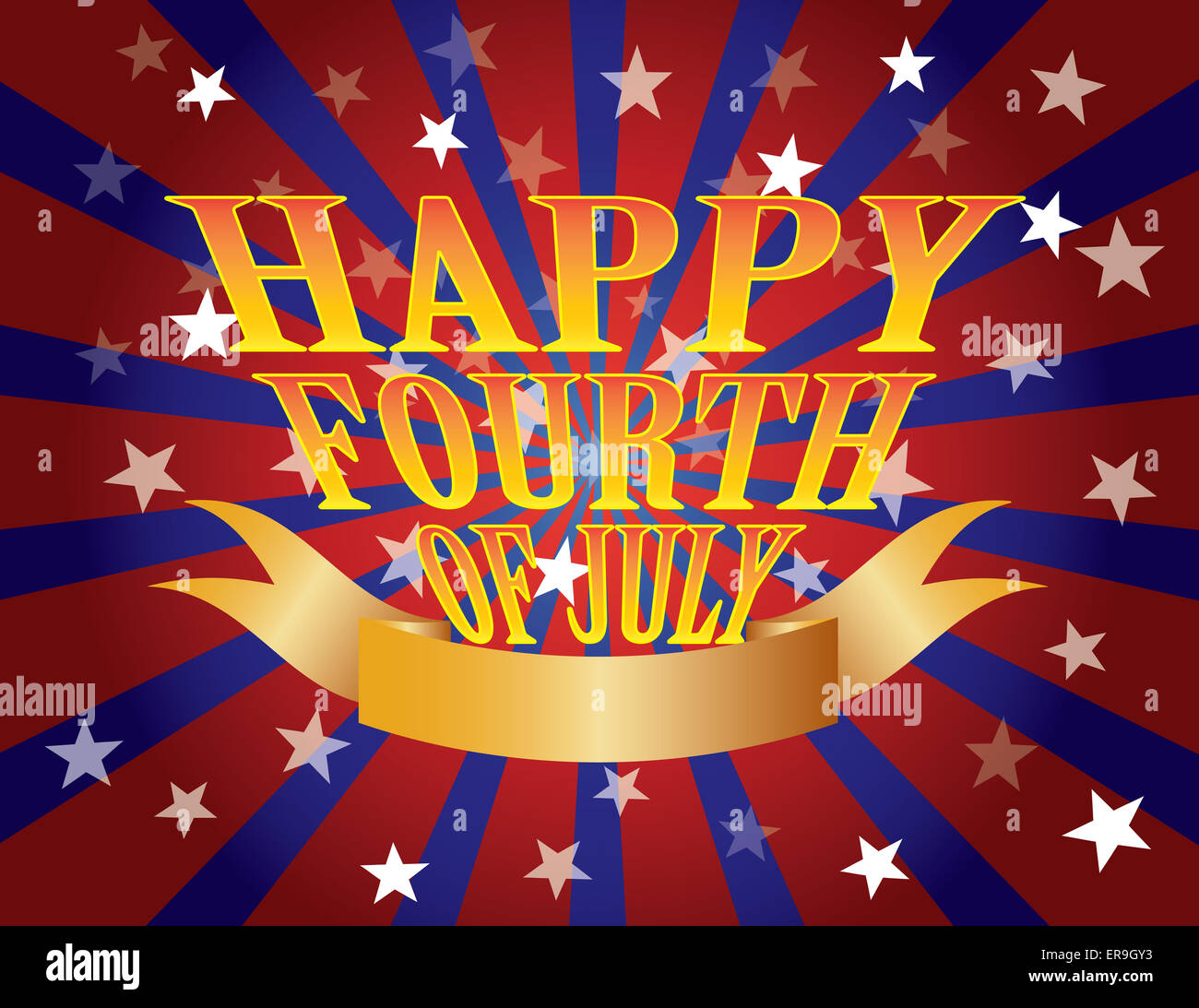 Fourth Of July Text für Independence Day roten weißen und blauen Sterne Streifen Sonnenstrahlen Banner Stockfoto