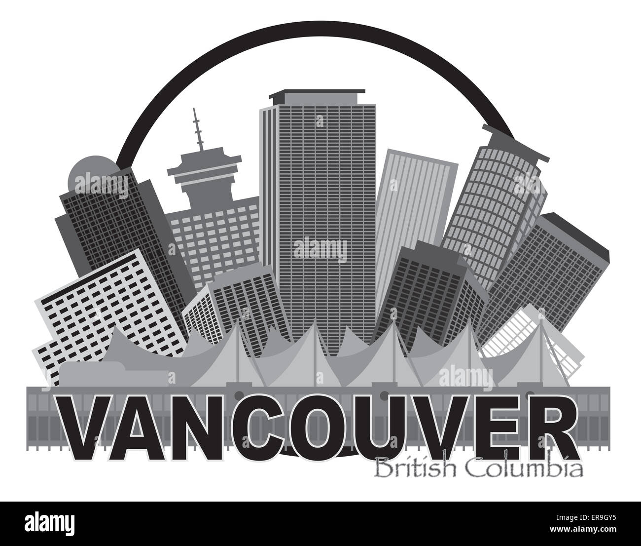 Vancouver British Columbia Kanada City Skyline im inneren Kreis Graustufen Illustration Stockfoto