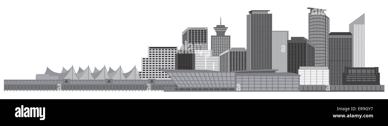 Vancouver British Columbia Kanada City Skyline Graustufen-Darstellung Stockfoto