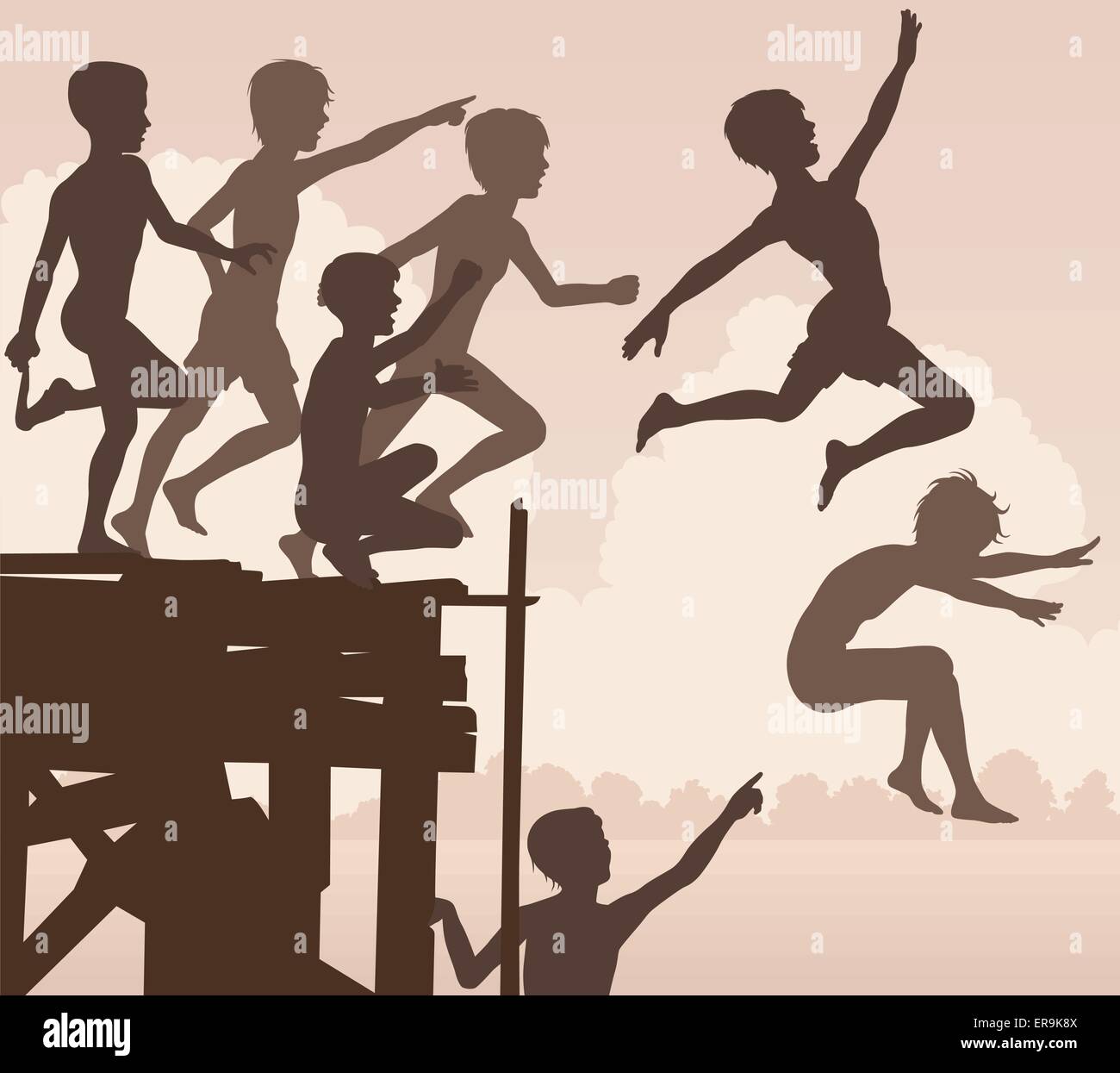 EPS8 bearbeitbare Ausschnitt Vektorgrafik Kinder springen von einem Holzsteg Stock Vektor