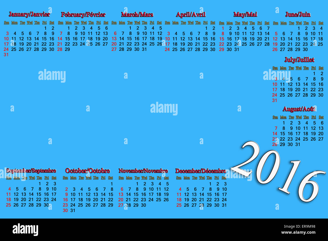 Kalender für das Jahr 2016 in Englisch und Französisch auf lila Hintergrund mit Platz für Bild oder Werbetext Stockfoto