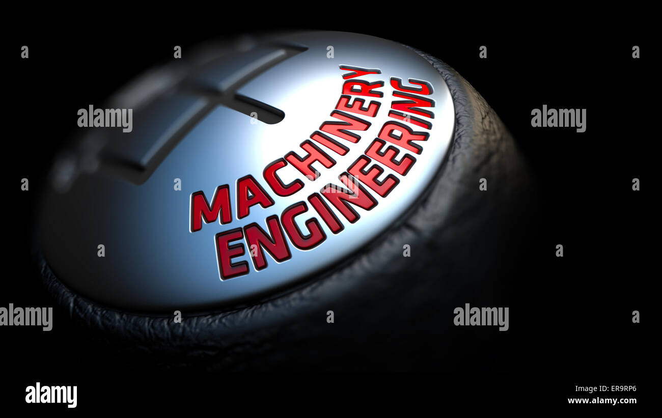 Maschinenbau. Schaltknauf mit rotem Text auf schwarzem Hintergrund. Nahaufnahme. Selektiven Fokus. 3D Render. Stockfoto