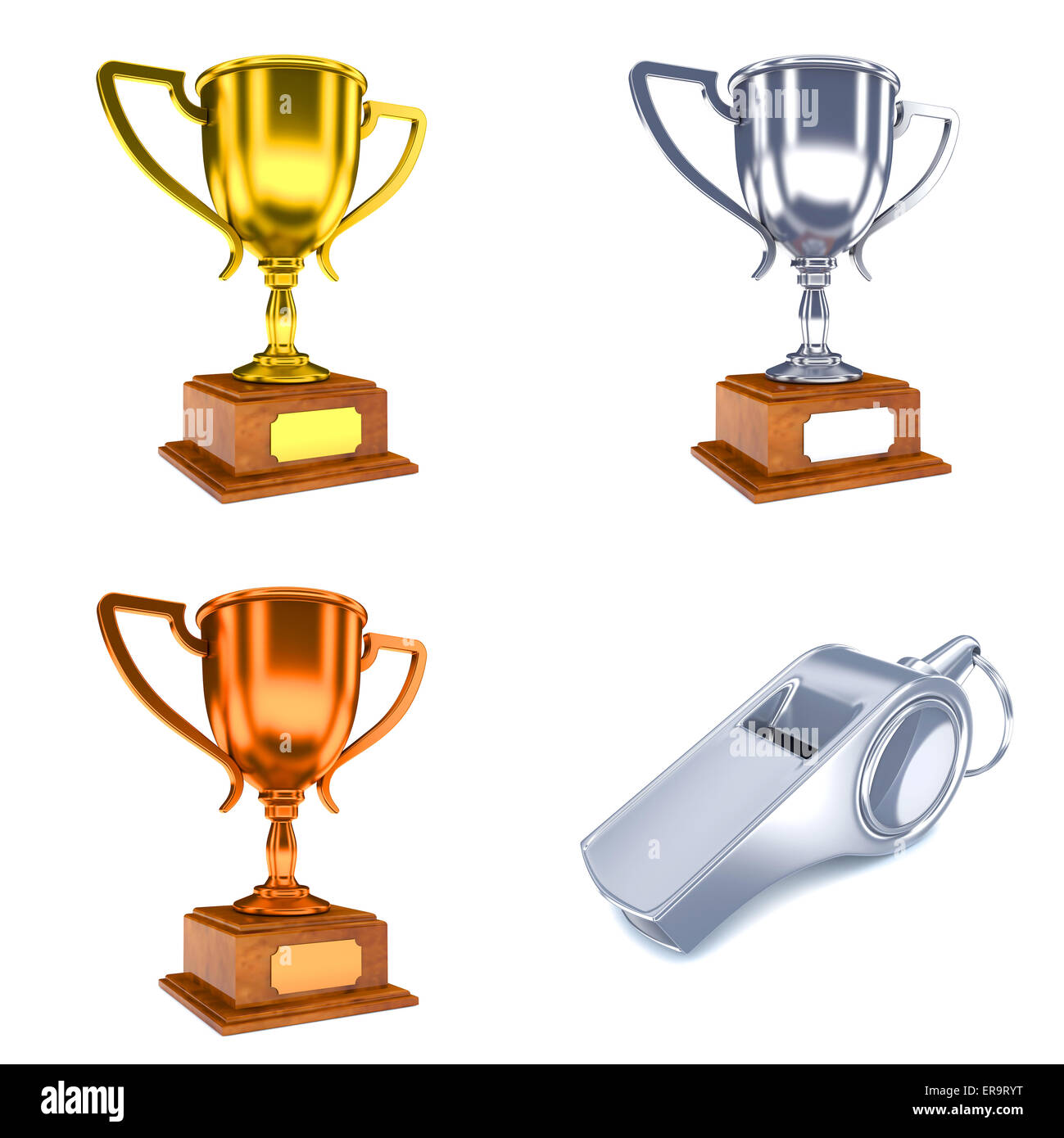 Wettbewerb-Konzepte - Set 3D Pokale und Pfeife. Stockfoto
