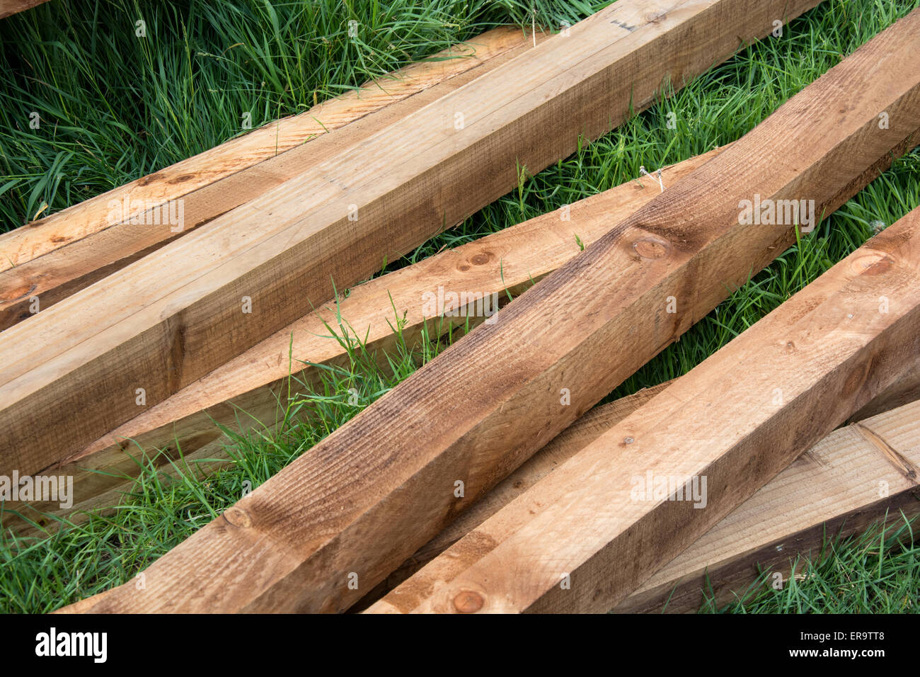 Längen von Holz auf dem Boden liegend Stockfoto