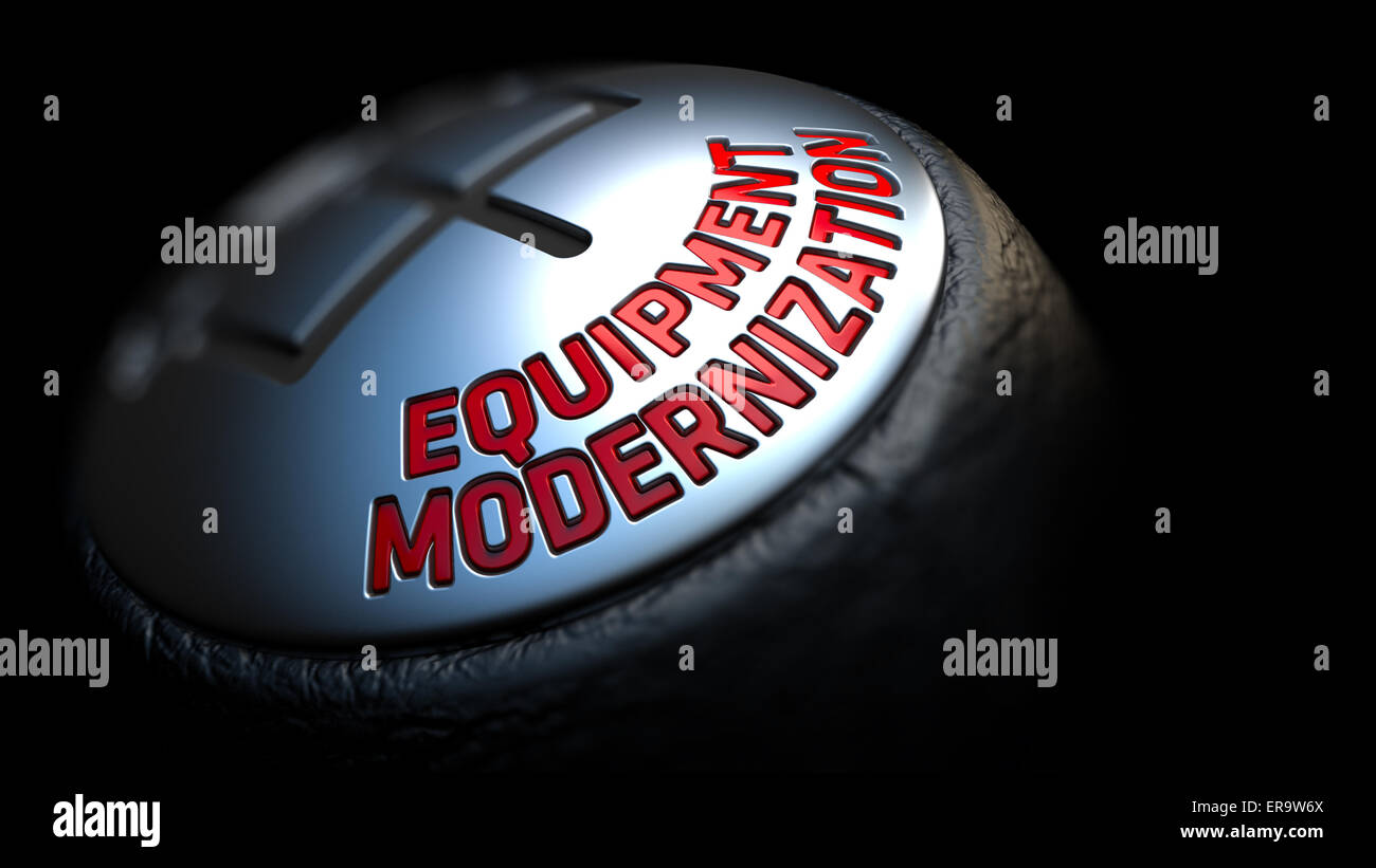 Modernisierung der Ausrüstung. Gear Shift mit rotem Text auf schwarzem Hintergrund. Selektiven Fokus. 3D Render. Stockfoto